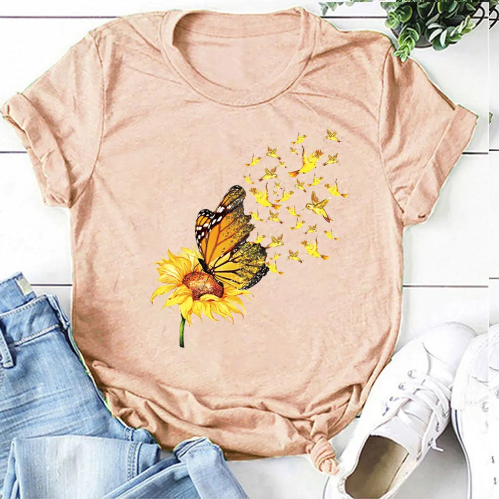

Summer Fashion Butterfly Sunflower Print Ladies T-shirt Y2K Clothing Harajuku Short Sleeve Graphic T-shirt Casual Trend Women