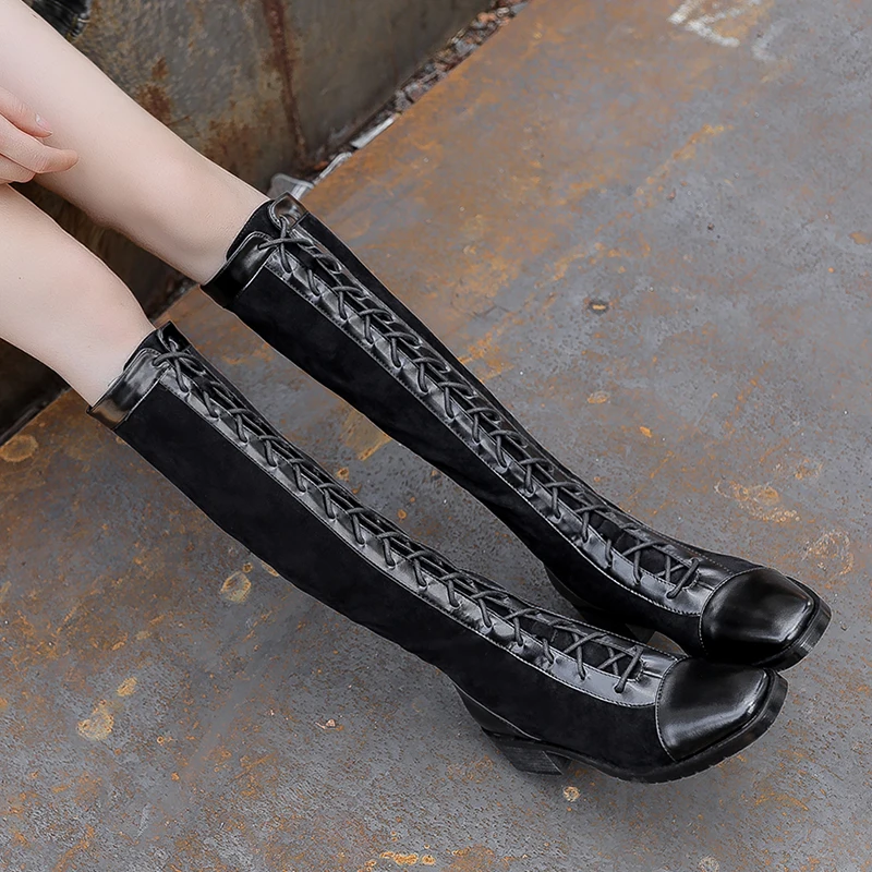 

Rome Cross Lace-up Boots Women Thigh high Boots Knight Boots knee-high boot Autumn Woman Shoes Winter Women Boots Size 32-43