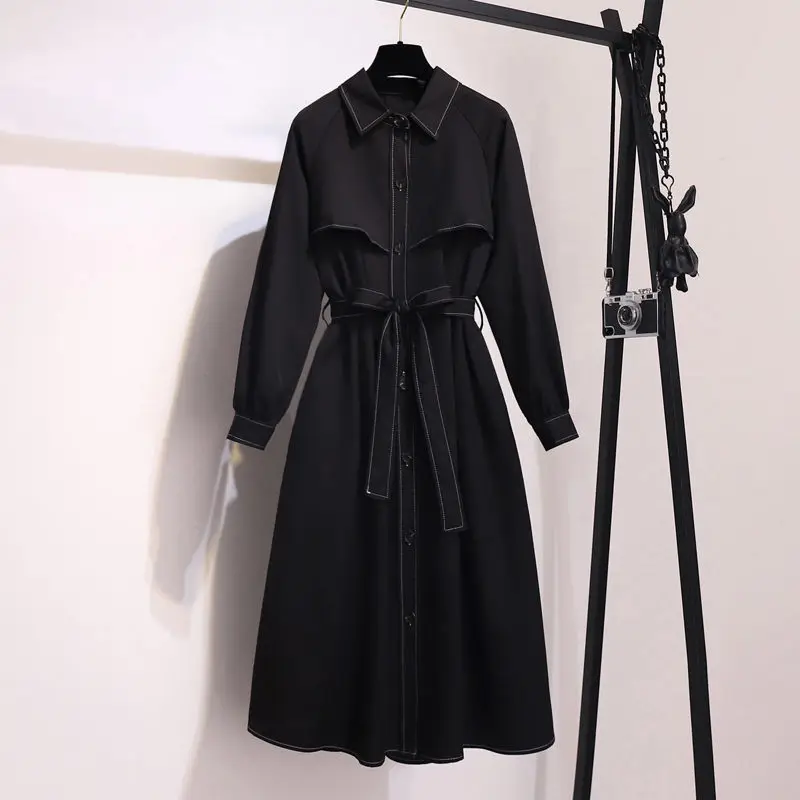 

Hepburn Style Black Dress Autumn and Winter Female Dresses Temperament French Belt Slim Fashion Shirt Dress Spring Wild f2741
