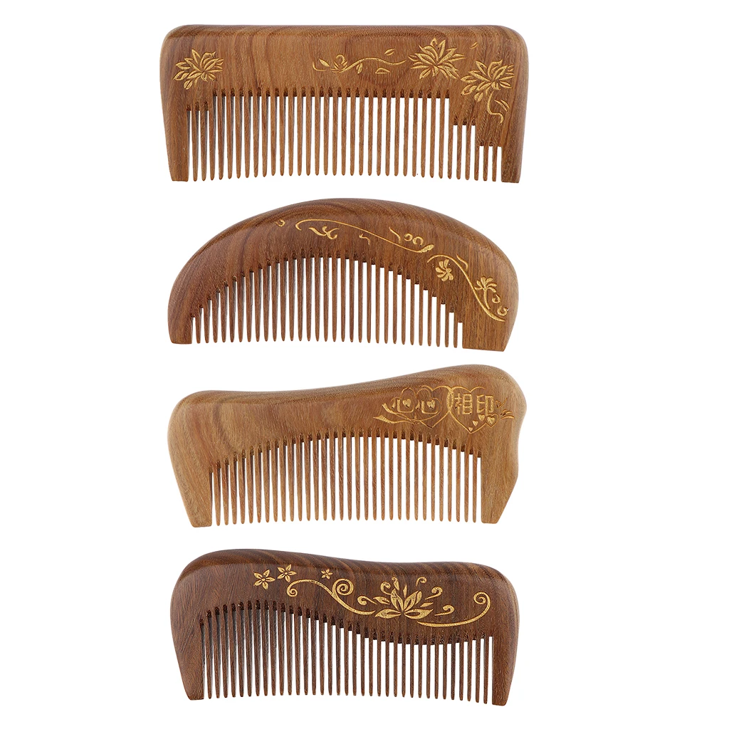 

4 Styles Wide Tooth Natural Wooden Hair Comb Anti-static Massage Detangler Hair Scalp Care Comb