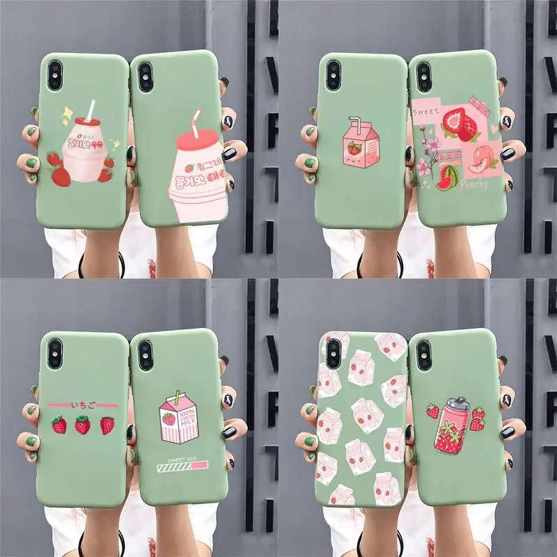 

Kawaii Japanese Strawberry Milk Phone Case for iphone 13 12 mini 11 Pro Max X XS XR Solid Color For 7 8 6 6S Plus Capa