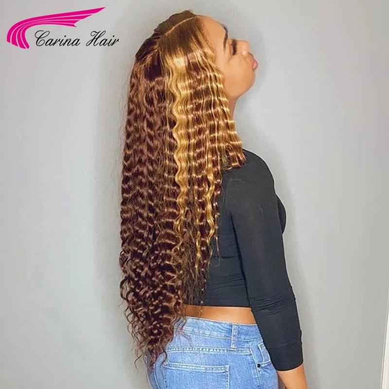 #4/27 Highlight Colored Human Hair Wigs Pre Plucked 13X6 Lace Front Deep Wave Ombre Remy 360 Frontal | Шиньоны и парики