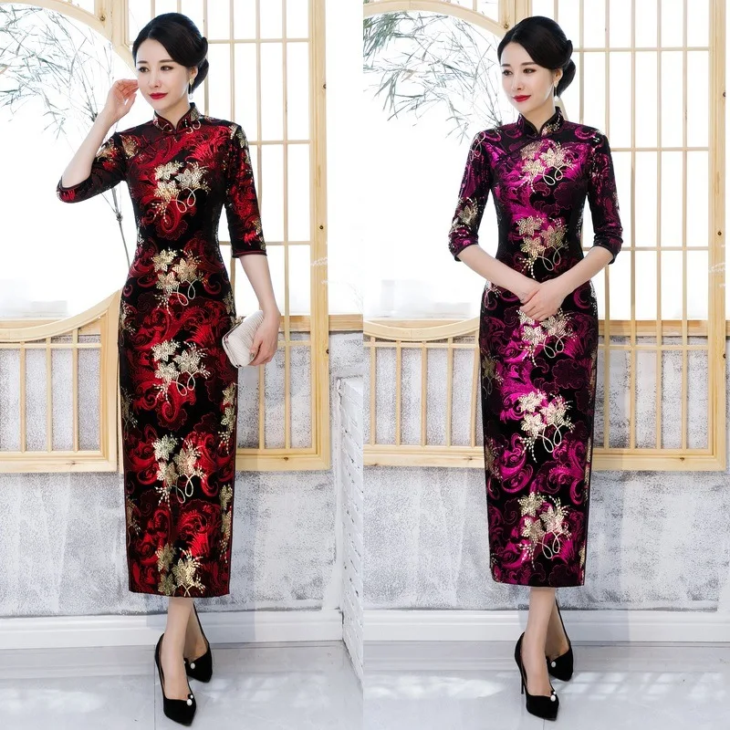 

Autumn Women Seven Points Sleeve Gilding Velour Long Qipao Elegant Orientale Banquet Mandarin Collar Cheongsam Oversize 4XL