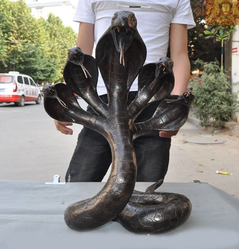 

wedding decoration 20"China Chinese Feng shui bronze Zodiac animal 5 Head serpent Eyed snake statue New Year