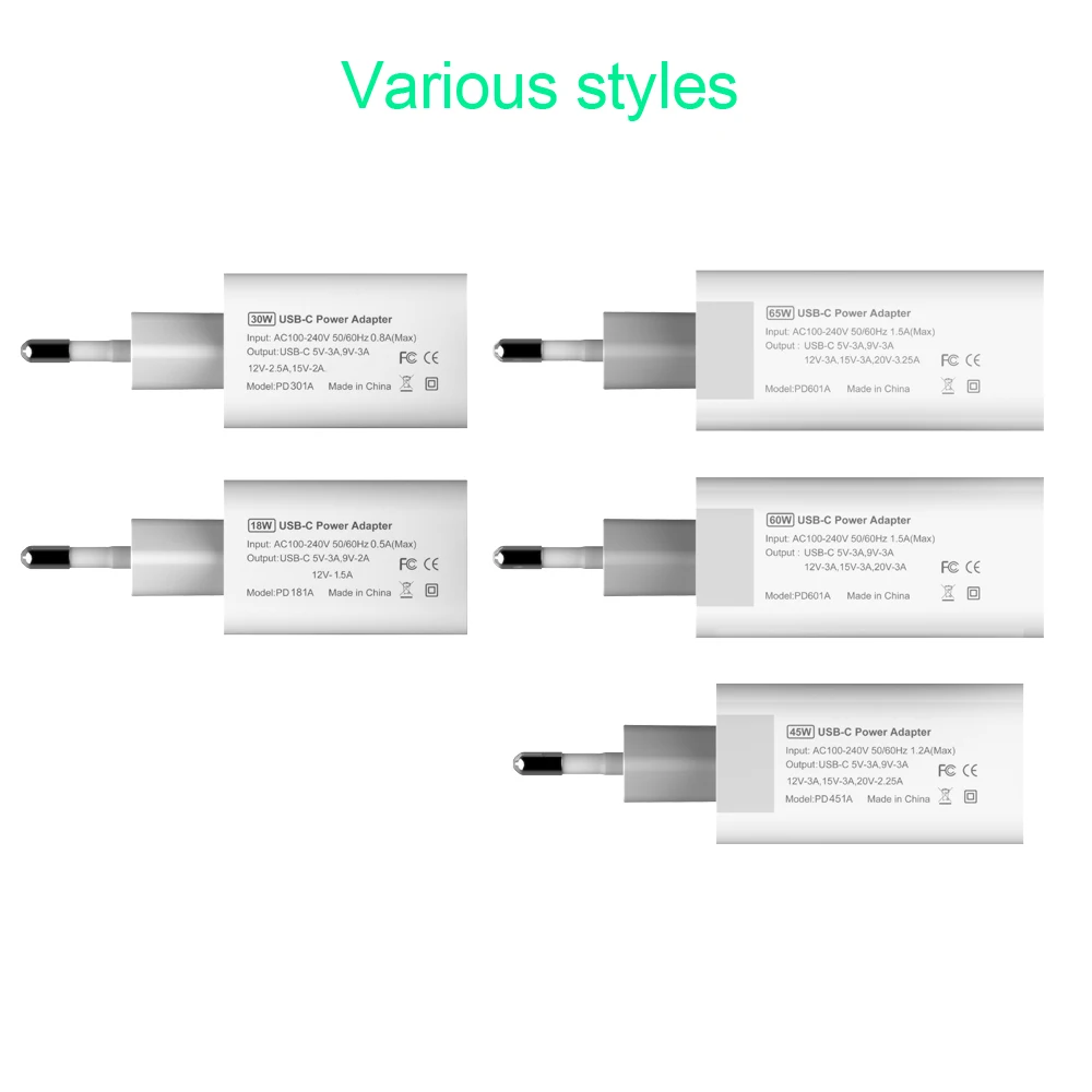 USB C адаптер питания PD/QC3.0 65 Вт/60 Вт/45 Вт/30 Вт/18 Вт TYPE-C настенное зарядное устройство, для USB-C ноутбуков/MacBook/iPad/iPhone/samsung(USB-C кабель