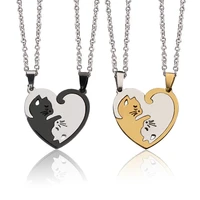 hug cat splice couple necklace heart paired for lovers stainless steel jewelry punk men women pendant necklace best friends bff