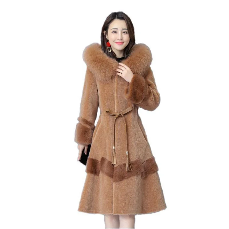 

2021 Winter Plus Size Fur Slim Fox Fur Sheep Sheared Coat Female Long Fashion New Wool Hooded Jacket Warm Women Parker Overcoat