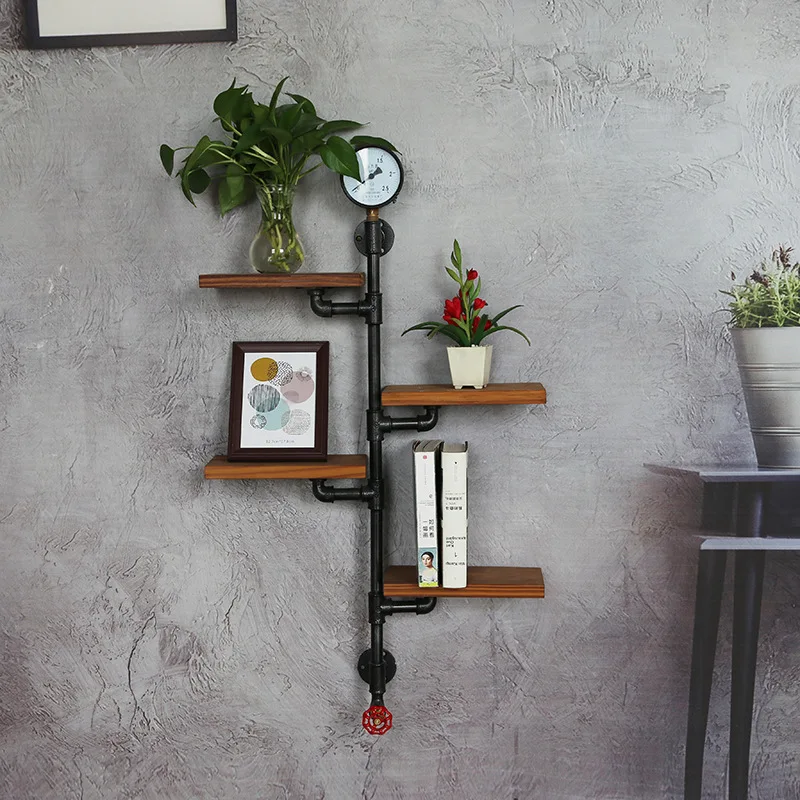 

Retro Industrial Water Pipe Wall Shelf Wall Decoration Hanging Bookshelf Bedroom Living Room Study Wood Multi-Layer Shelves