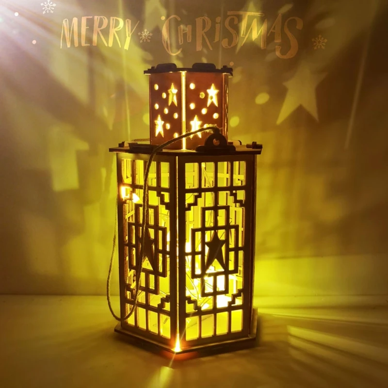 

Christmas DIY Wooden Hexagon Lantern Xmas Tree/Five-pointed Star/Snowflake Light