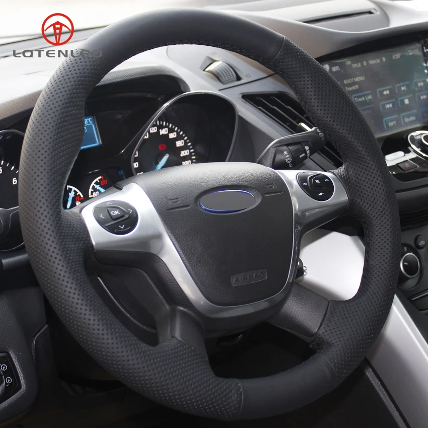

LQTENLEO Black Genuine Leather DIY Car Steering Wheel Cover For Ford Focus 3 2012-2014 KUGA Escape 2013-2016 C-MAX 2011-2018