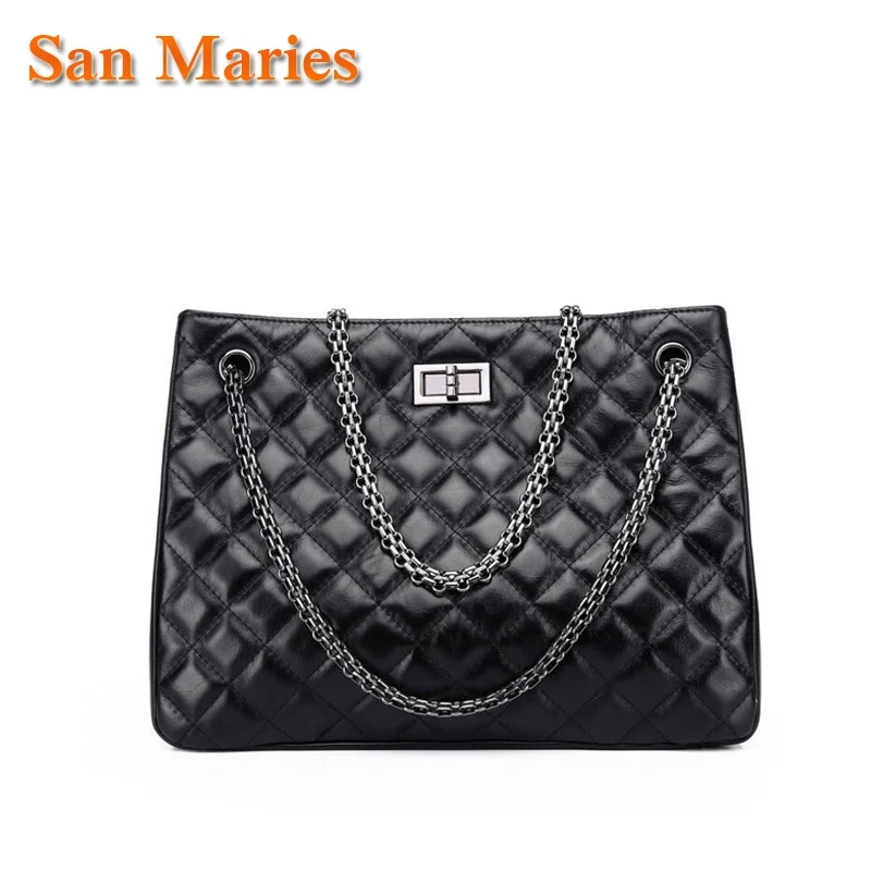 

San Maries Large Capacity Bag For Women Cowhide Leather Shoulder Tote Ladies Chain Travel Bags Quality Female Luxury Handbags