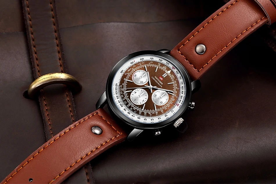 Airplane Sports Military Blue Dial Pilot Calendar Men Wristwatch Chronograph Fashion Casual Brand Army Brown Leather Watches