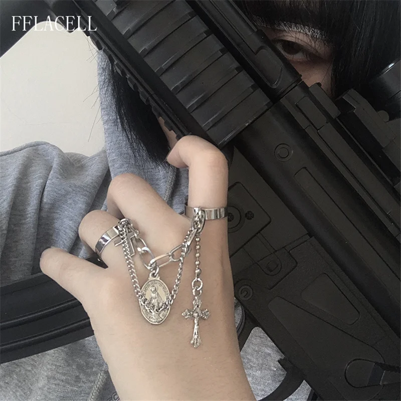 FFLACELL 2020 New Fashion Metal Vintage Punk Hip Hop Style Cross Siamese Adjustable Open Ring Party Men And Women Jewelry Gift | Украшения