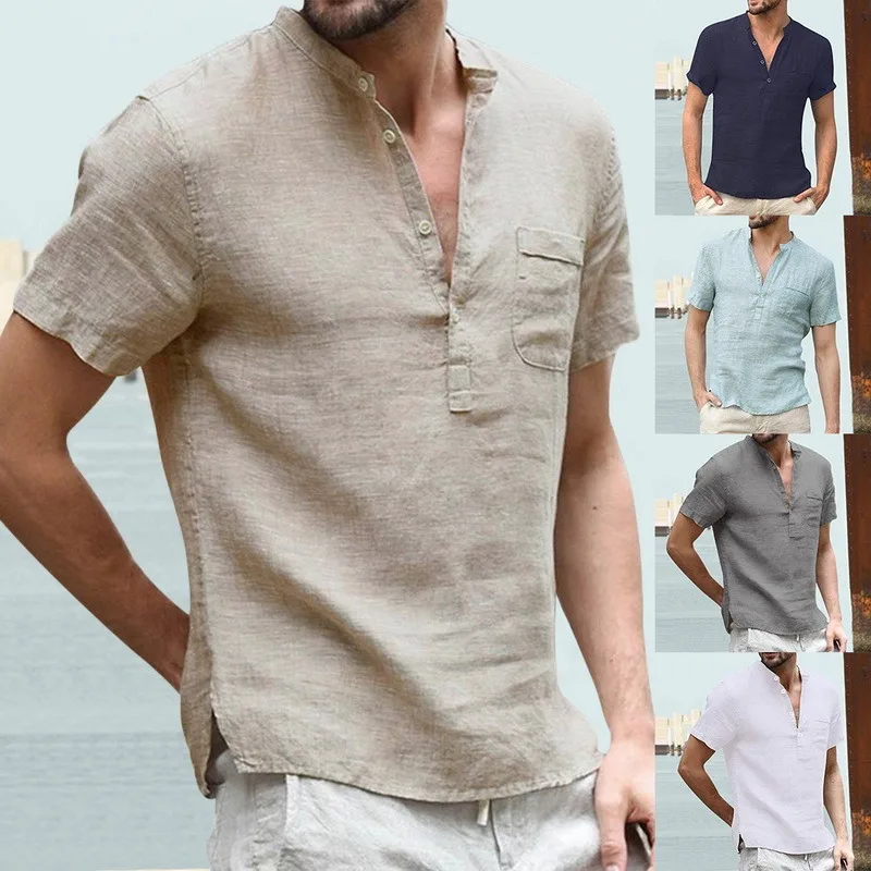 

Male Short Sleeve Linen Button T-Shirt O-neck Fashion Summer solid Casual Cotton Henley Loose Blouse Tee Top Men Clothing