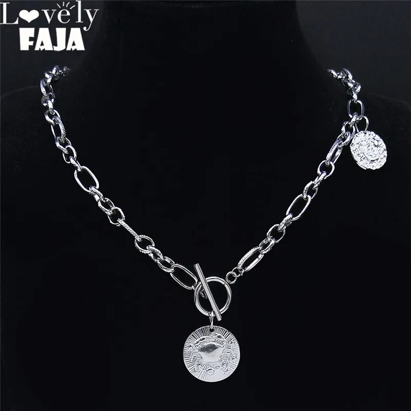 

Stainless Steel CANCER Necklace Women Silver Color Round Astrology Choker Necklaces 12 Constellations Jewelry colgantes NPY8S03