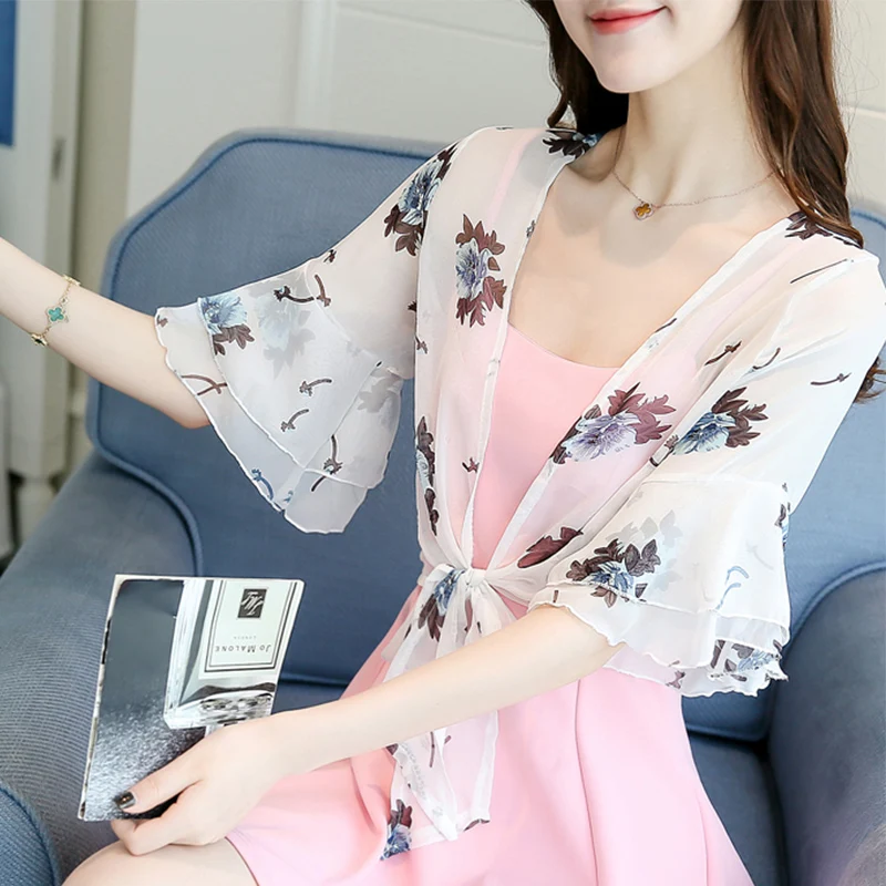 Новое летнее кимоно с принтом кардиган Пляжная накидка блузки женские топы