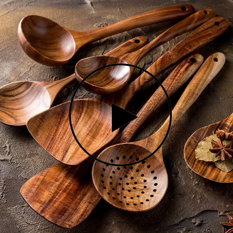 

1-7pcs/set Teak natural wood tableware spoon colander spoon special nano soup skimmer cooking spoon wooden kitchen tool kit