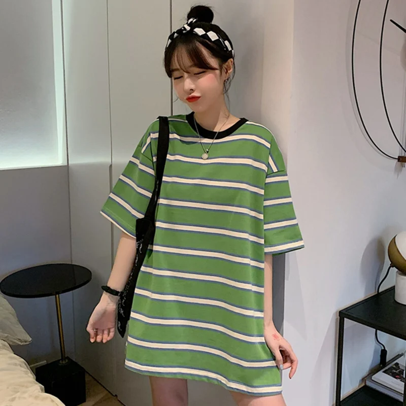 

summer large size 6XL striped t-shirts women short sleeve high street tees loose oversize tops cotton 6XL korea style green tees