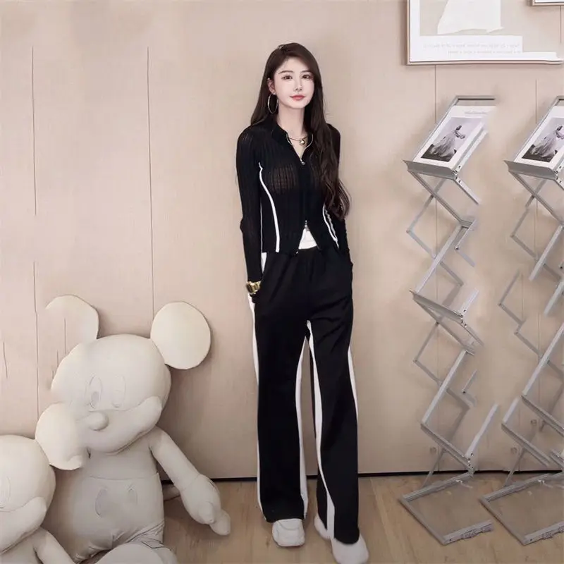 

Autumn Suit Women 2021 New Autumn Two-piece Double Zipper Top Black and White Contrast Color Casual Wide-leg Pants