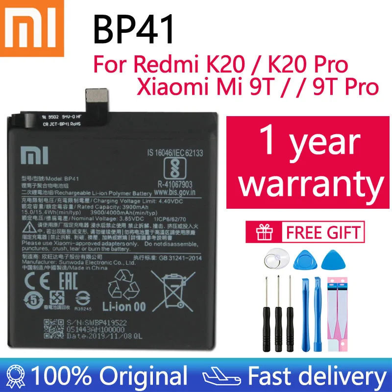 Xiao Mi Original Phone Battery BP41 4000mAh for Xiaomi Redmi K20 / Mi 9T / K20 Pro / 9T Pro Replacement Battery +Tools Kits