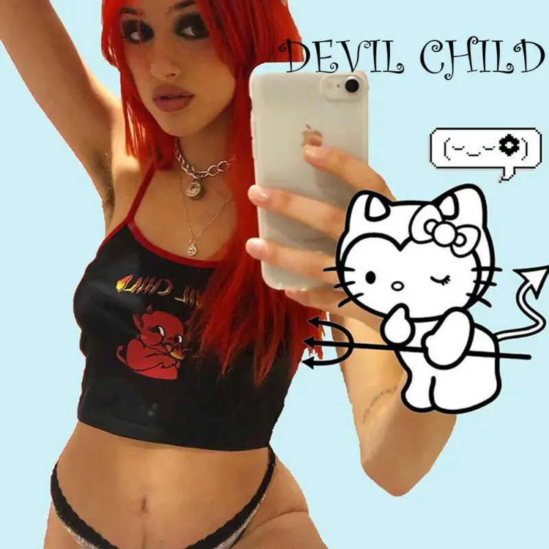 Майка женская в рубчик укороченный топ с принтом дьявола модная повседневная