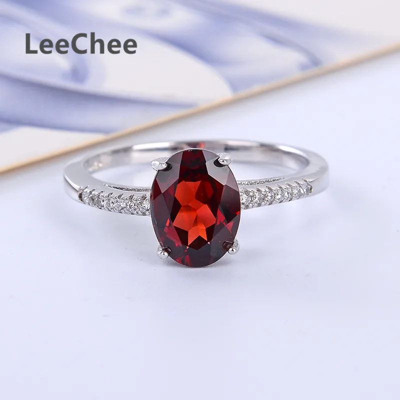 LeeChee 100% Кольцо с натуральным гранатом серебряное винно-красное ювелирное изделие