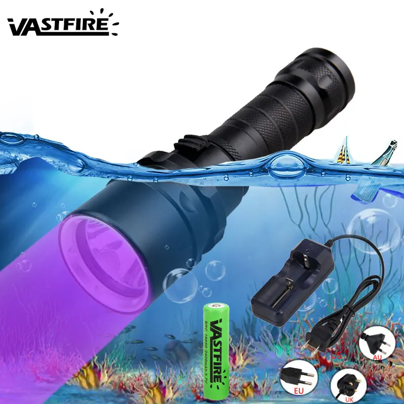 UV Diving Flashlight XPE UV 395nm Diver светильник подводный 100 м светодиодный Дайвинг вспышка светильник 10 Вт 365-395nm фонарь+ аккумулятор 18650+ зарядное устройство - Испускаемый цвет: UV Diving Flashlight