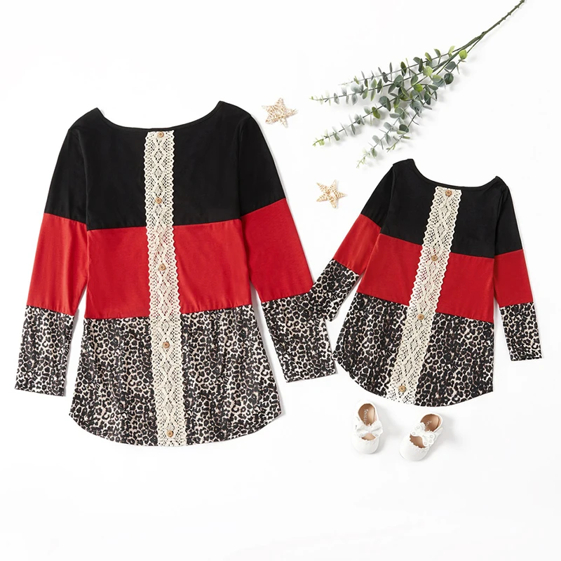 

PopReal Parent-Child Outfit Fashion Leopard Stitching Mother Kids T-Shirt Family Matching Clothes Mother Daughter Outfits