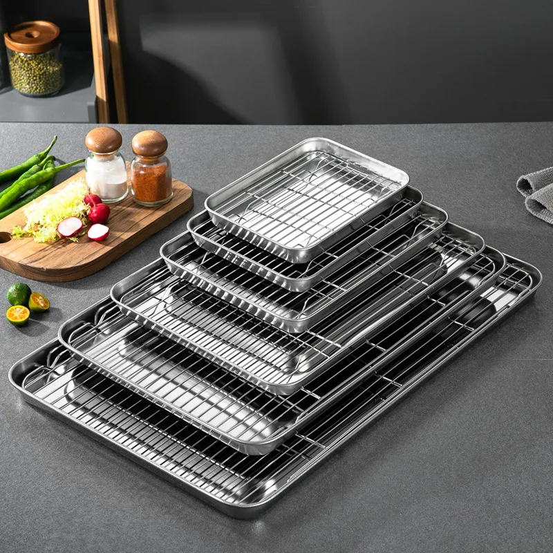

304 Stainless Steel Food Storage Tray with Cooling Rack BBQ Grid Bakeware Nonstick Cake Pan Fruit Pastry Plates Kitchen Tools