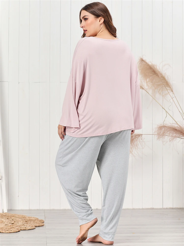 

2021Summer Plus Size Women's Pajamas Suits Loose Sleepwear Printed Long Sleeve Top and Printed Trousers Leisure Homewear Suit