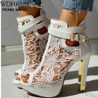 2020 new ladies high heels belt buckle peep toe hollow platform sandals shoes woman party summer boot big size 35 42