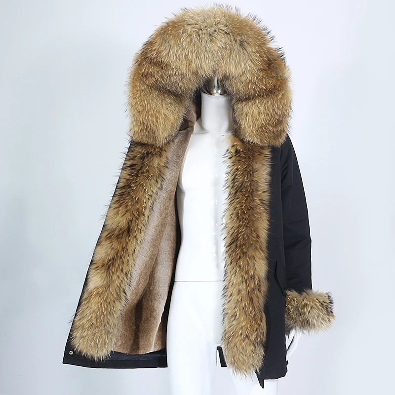 

Мужская парка с капюшоном, черная Водонепроницаемая длинная куртка с воротником из натурального меха енота и лисы, теплая уличная одежда, з...