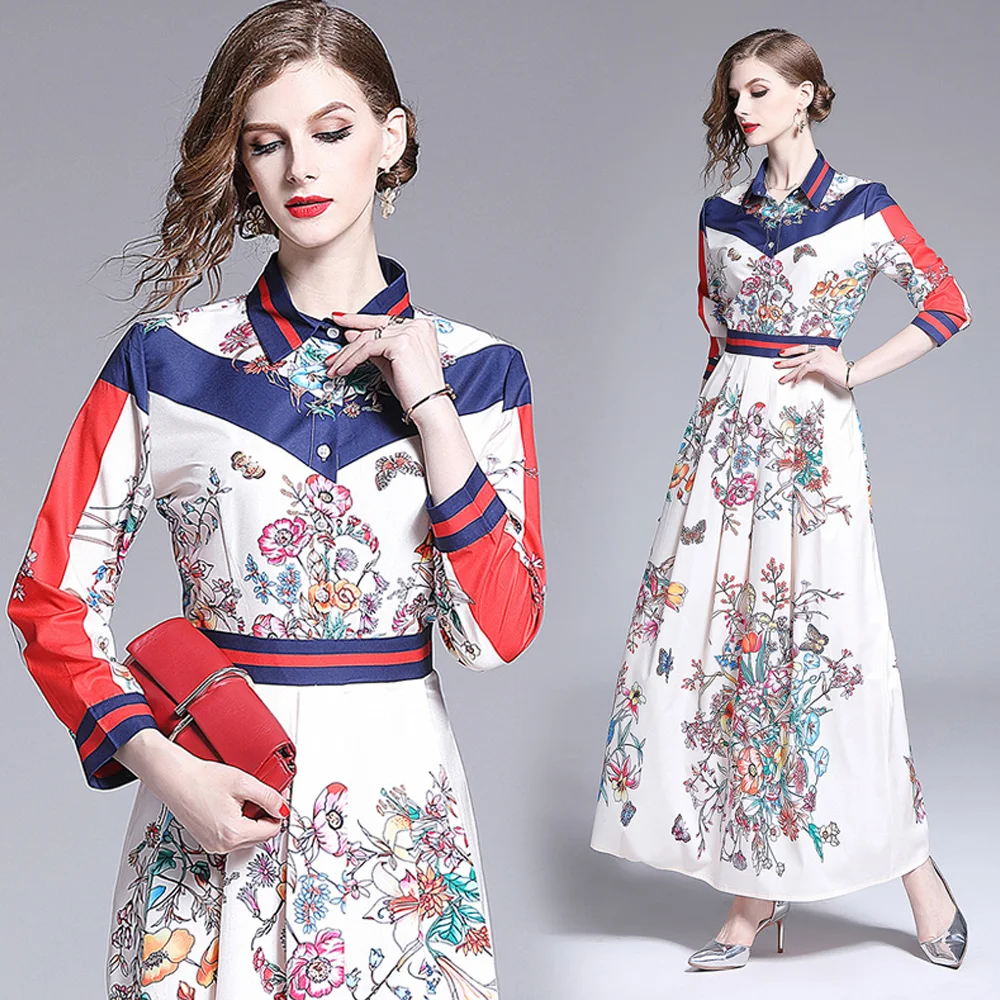 Высокое качество новейшая мода подиум отложной воротник макси платье женское