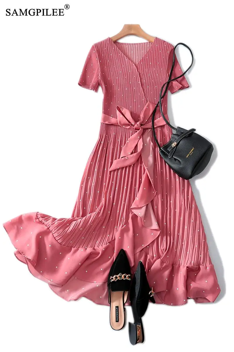 

Maxi Dresses For Women 2020 Vestido Casual Dress Pleated Dot Short Sleeve Ruffles Mid-calf Empire V-neck Women Summer Dress 3XL