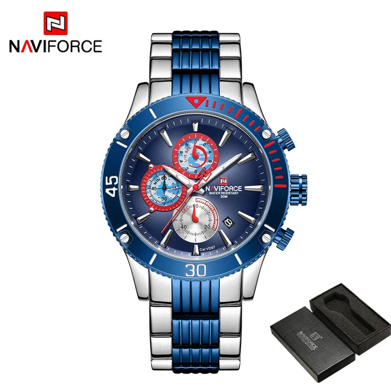 Часы наручные NAVIFORCE Мужские кварцевые спортивные брендовые Роскошные Синие в