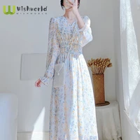 french gentle wind restoring ancient ways floral chiffon dress dress fall 2021 new waist is comfortable long sleeve skirt