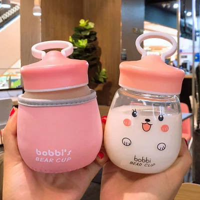 Transparent pink Kawaii стеклянная бутылка для воды, портативная чашка с милым медведем, чайное ситечко, герметичная Питьевая Бутылка для девочек, студентов, детей - Цвет: Transparent pink