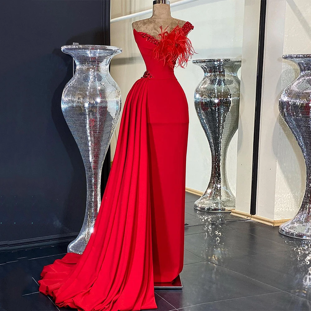 

Sexy Red Mermaid Evening Dress One Shoulder Beading Stones Party Gowns Feathers Pleat Robe De Soiree Prom Dresses