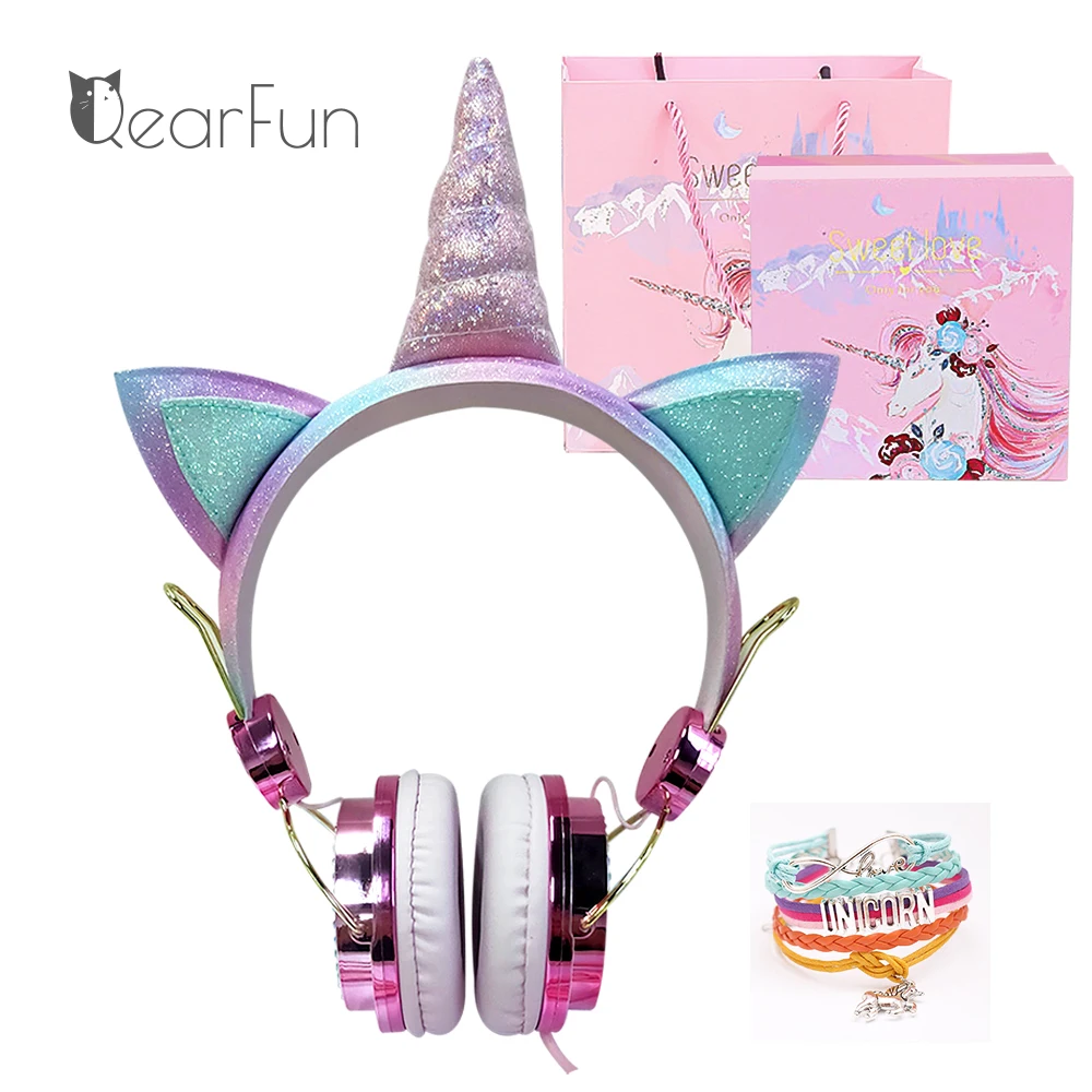 Funny Kids Headset Colorful Diamond Unicorn Headphones Music Stereo Wired Earphones With Gifts Box Christmas Brithday Gifts