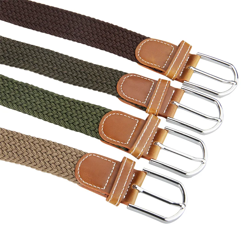 Мужской эластичный пояс плетеный стиль с серебряной пряжкой черный цвет бежевый