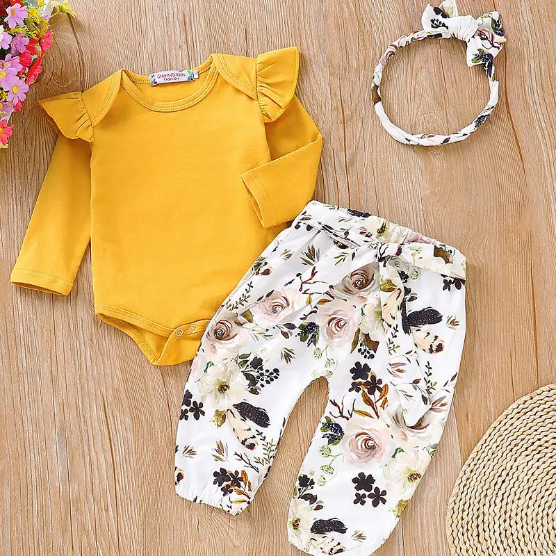 

New 0-18M Autumn Winter 3 Pieces Newborn Baby Girl Clothes Set Infant Kids Long Sleeve Romper Tops+Pants Headband Outfits