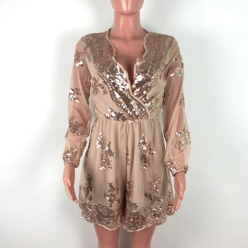 Женский комбинезон из сетчатой ткани с блестками сексуальный глубоким v образным