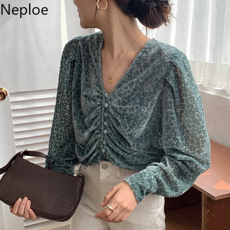 Neploe корейский стиль Ретро плиссированный дизайн блузка с принтом весна осень 2020