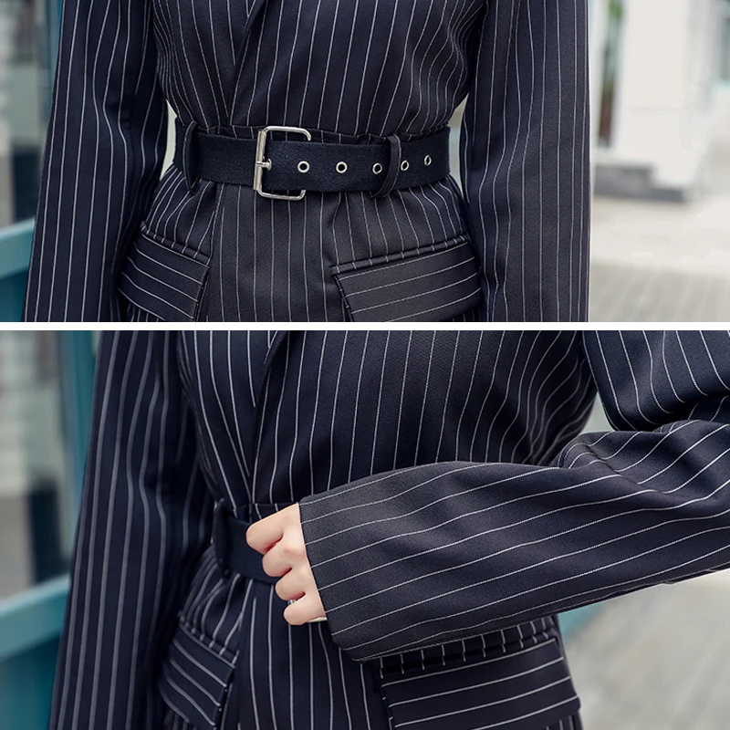 

Spring Streetwear Strip Women Blazer Coats Casual Sashes Female Blazers Fashion Long Sleeve Office Ladies Blazers Outwear