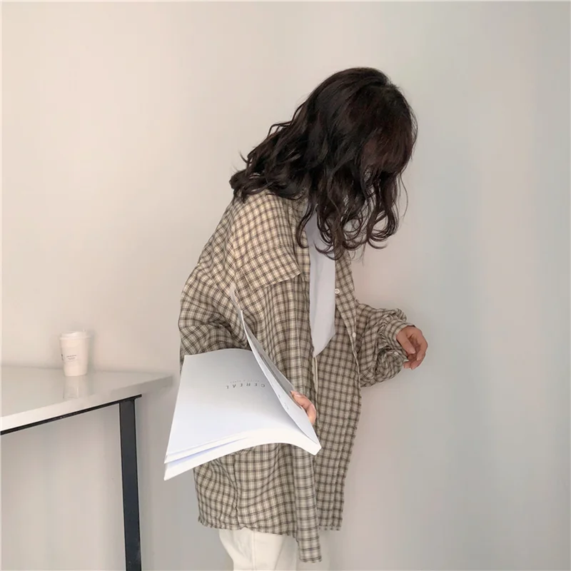 Женская Длинная блузка Mazefeng шифоновая в клетку уличная одежда Корейском стиле на