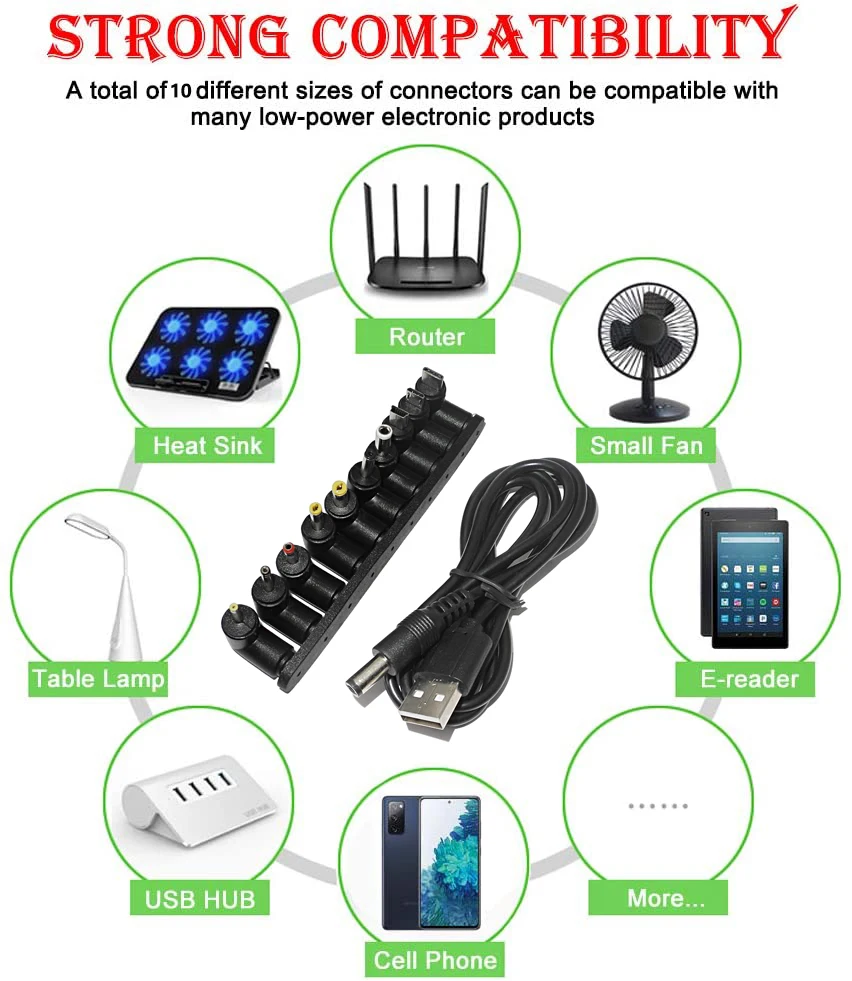 

5V Universal Charger Cable USB to DC 5.5x2.1mm Power Cable Cord with 10 Connectors for Led Strip Camera Router Keyboard USB Hub