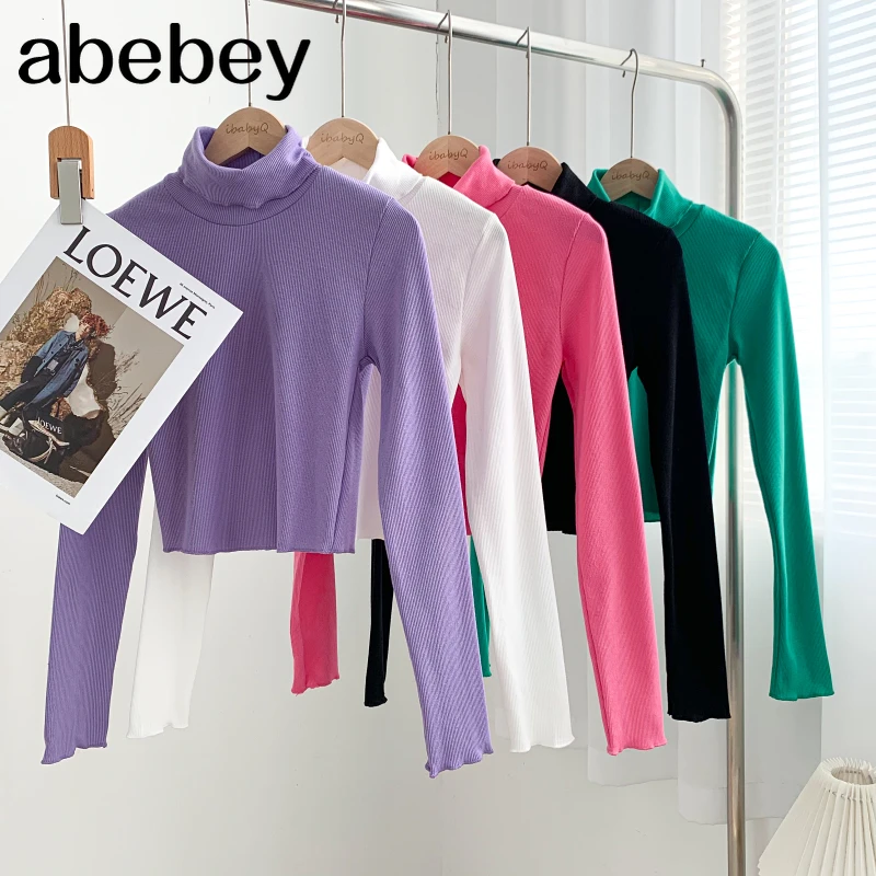 

Fashion Turtleneck long sleeve T-Shirt solid color multicolor high waist short bottoming T-Shirt Top 2021 New Autumn Winter