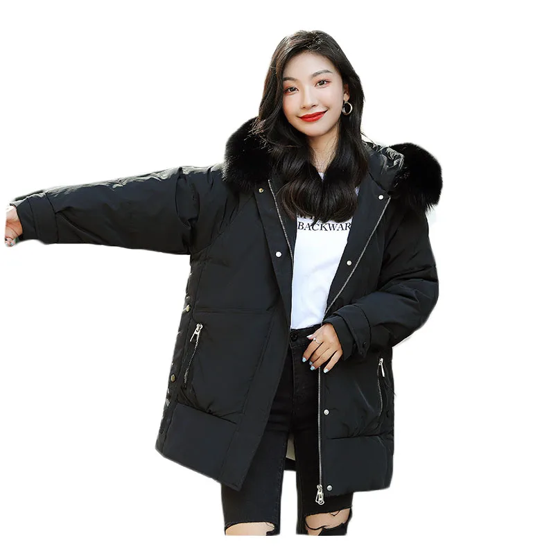 

Cotton Jacket Women Autumn And Winter 2021 New Korean Version Big Fur Collar Hooded Long-Sleeved Solid Color Loose Coat M229