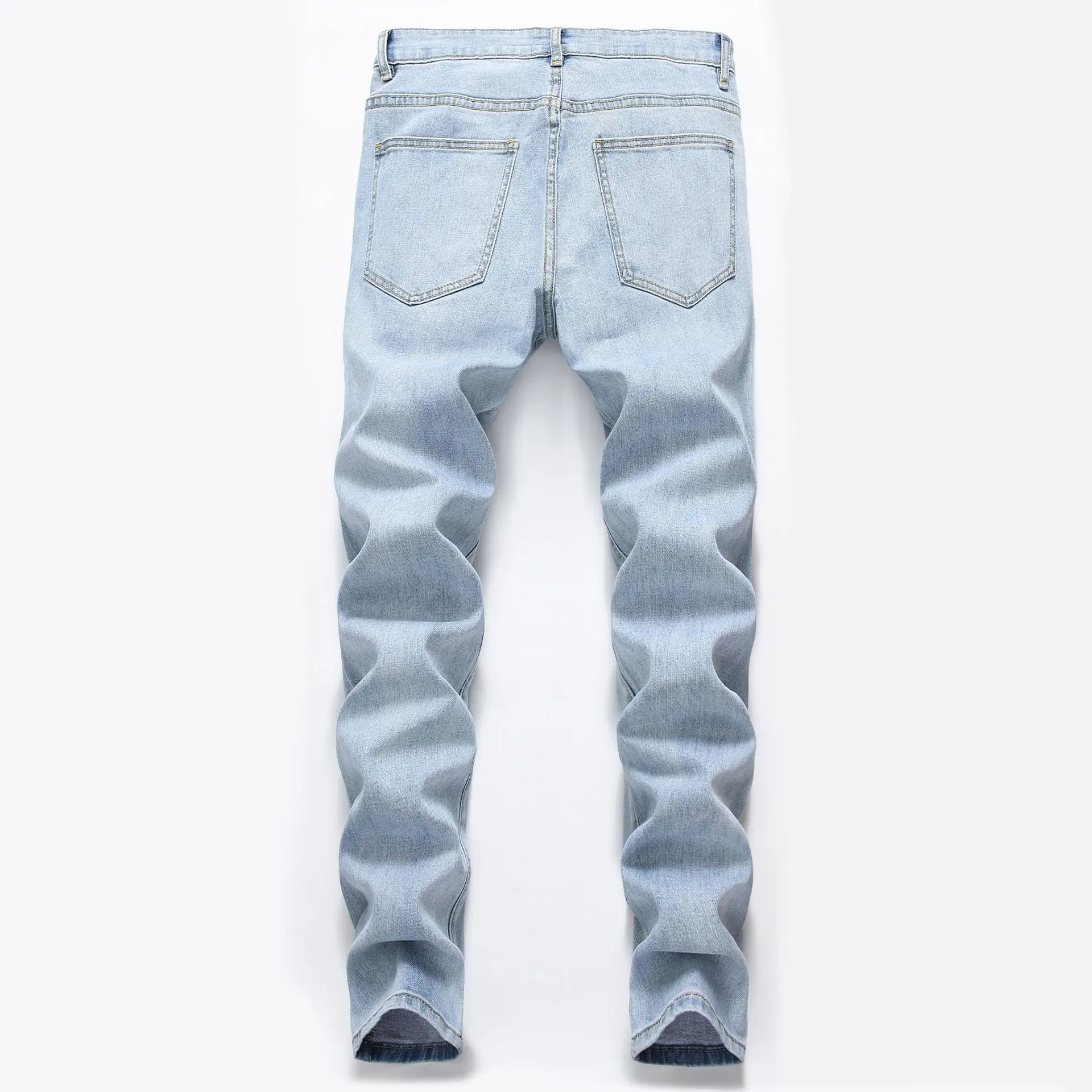 

2020 men hole small dew torn knee straight skinny jeans teenagers elastic light denim trousers