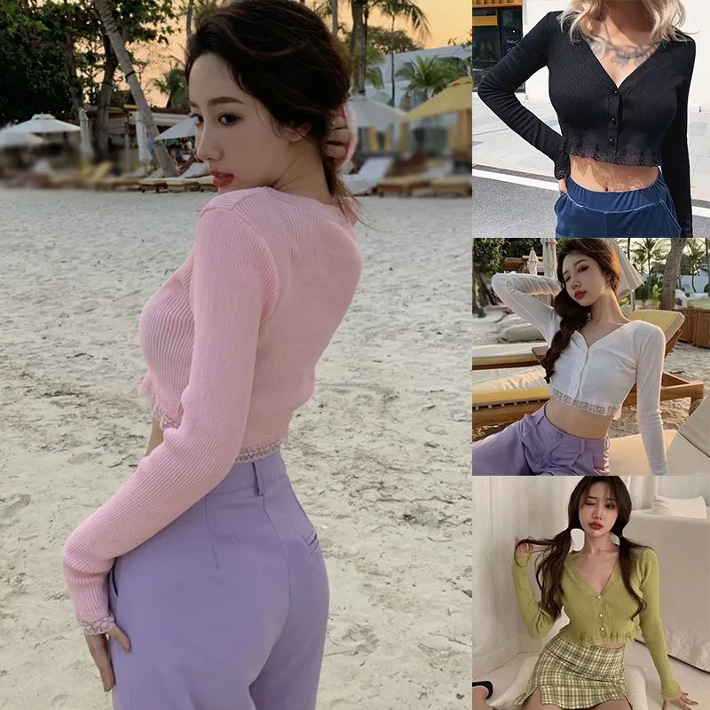 

Autumn Knit Cardigans Sweater Women V Neck Loose Elegant Tops Thin Female Short Casual Coat